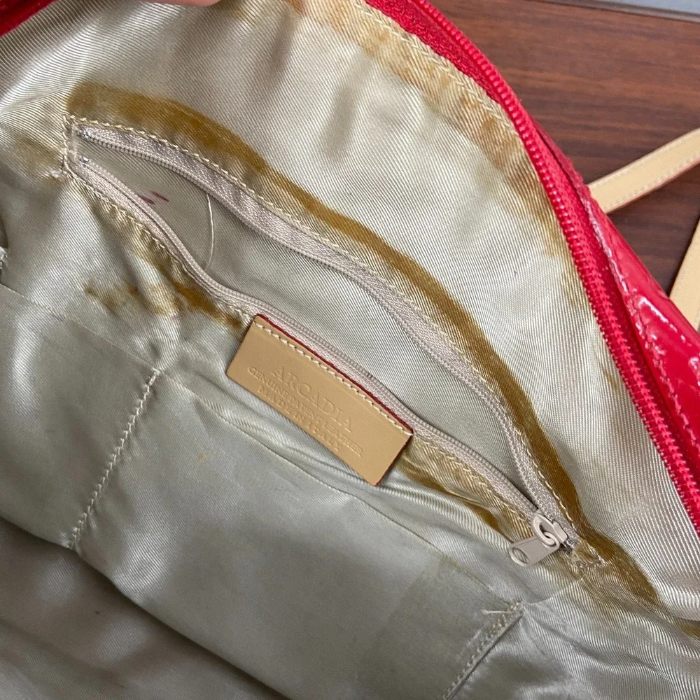 Arcadia Milano Handbag Womens Red Beige Patent Leather Embossed Satchel Bag